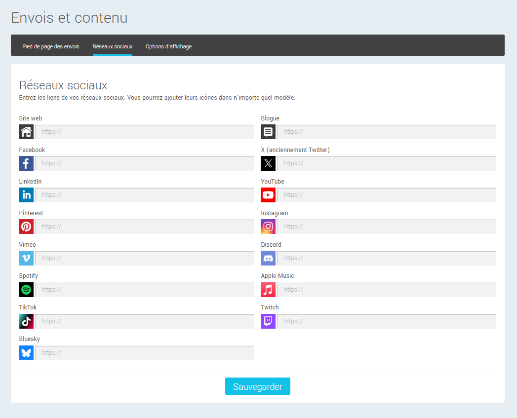 Configuration des réseaux sociaux au compte